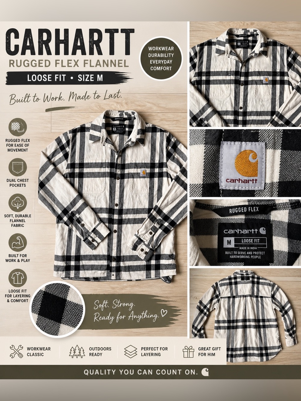 Carhartt Rugged Flex Plaid Flannel Shirt Button Up Workwear Loose Fit M